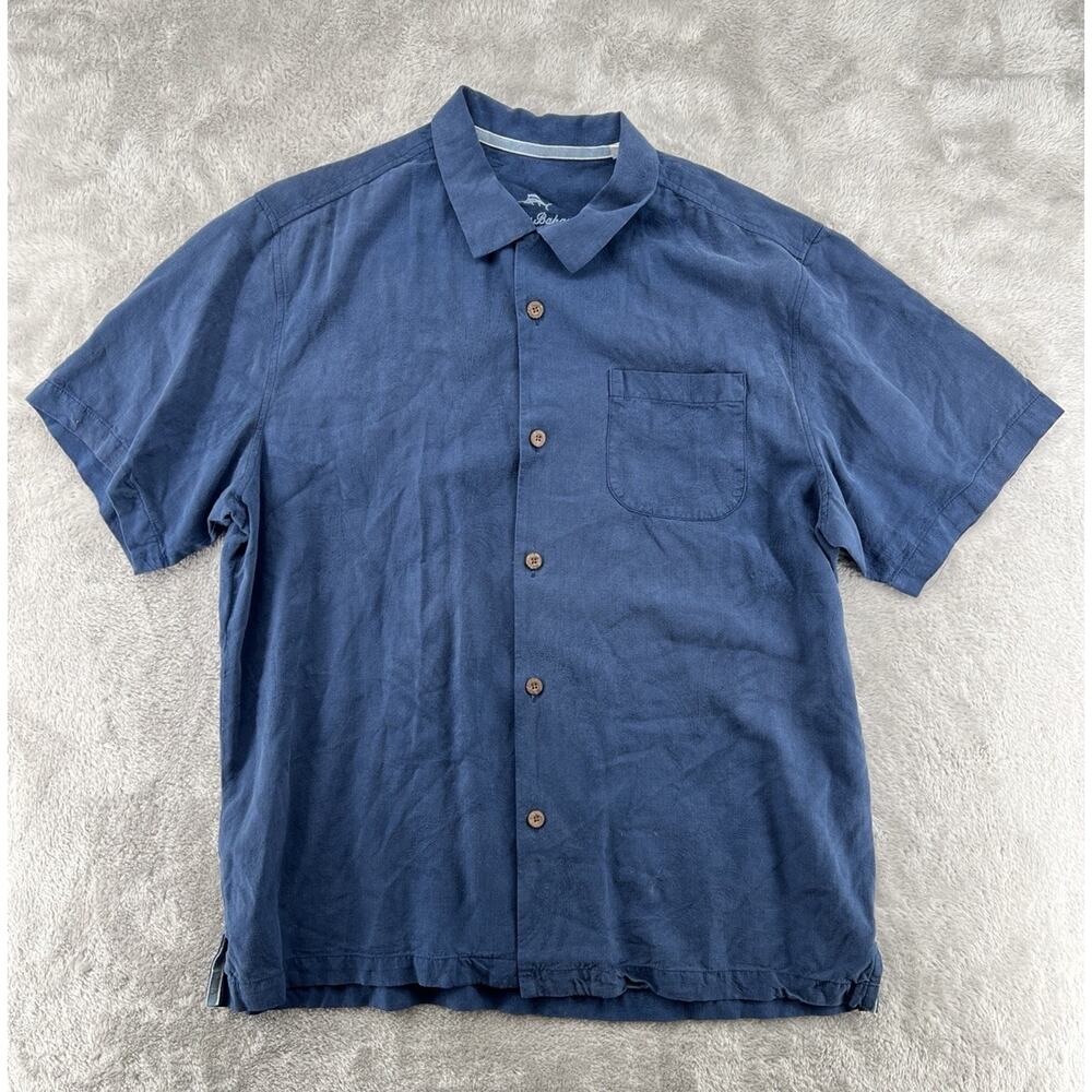 Tommy Bahama 100% Silk Blue Button Up Shirt Mens Large Resort Camp